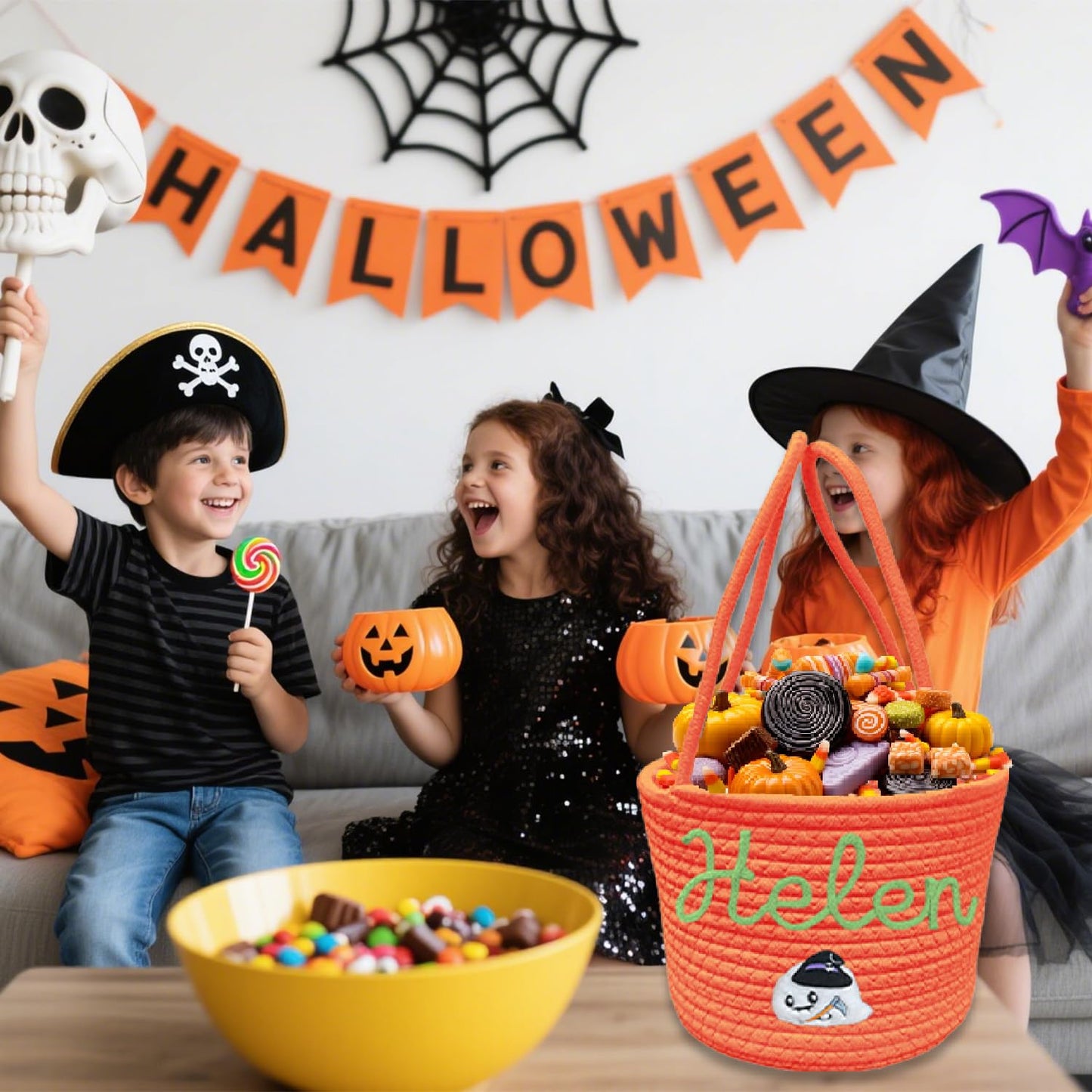 Personalized Halloween Basket Trick or Treat Bag Customized Name Custom Halloween Candy Buckets Gift for Boys Girls,Pink