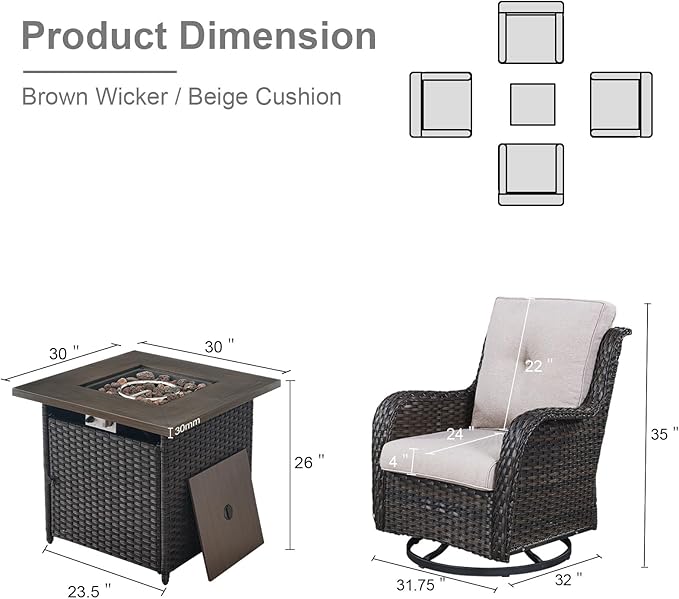 Belord 5 Pieces Patio Wicker Furniture Set - 4 Outdoor Swivel Rocker Glider Chairs with Propane Fire Pit Table, Warm Patio Conversation Set Beige Cushion Perfect for Casual Gathering