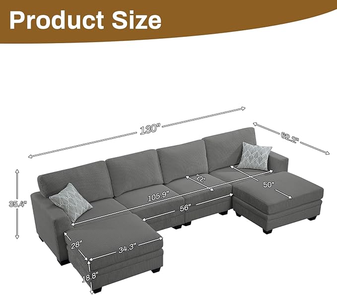 Legend Vansen Oversized Modular Sectional Sofa,6 Seat U Shaped Couch with Ottoman,Corduroy Sofa with Deep Seat,Convertible Large Sectional Couches for Living Room (Grey, U-6)