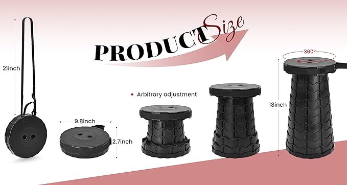 FXKS 2 Pack Upgraded Collapsible Stool Folding Stool with Cushion,Retractable Folding Stool Max Load Capacity 400lbs, Portable Telescoping Stools for Camping Hiking Outdoor BBQ -Black