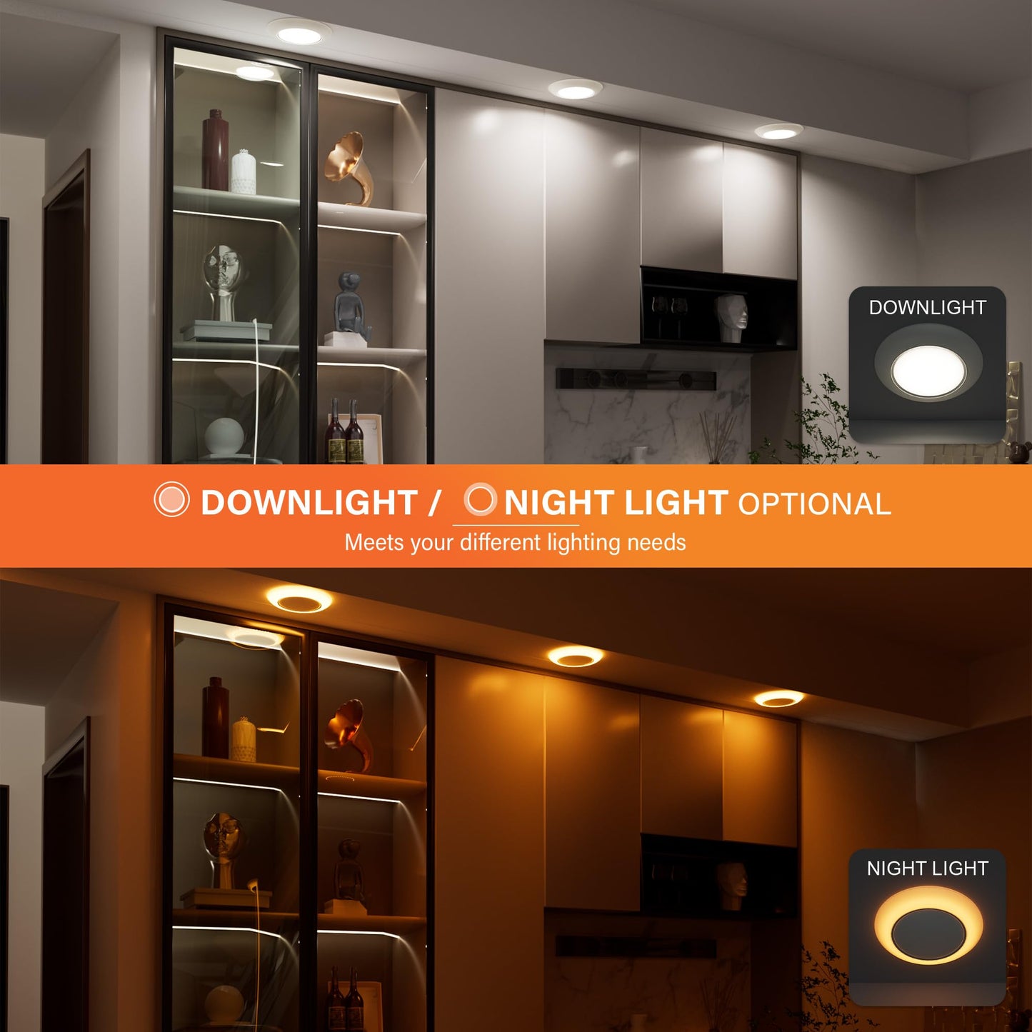 JULLISON 6 Inch LED Low Profile Disk Light with Night Light, 120VAC, 15W, 5CCT Color Changing, 1000LM, Dimmable, ETL, Shower Wet Rated Screw in Flush Mount Ceiling Light, White/8 Packs