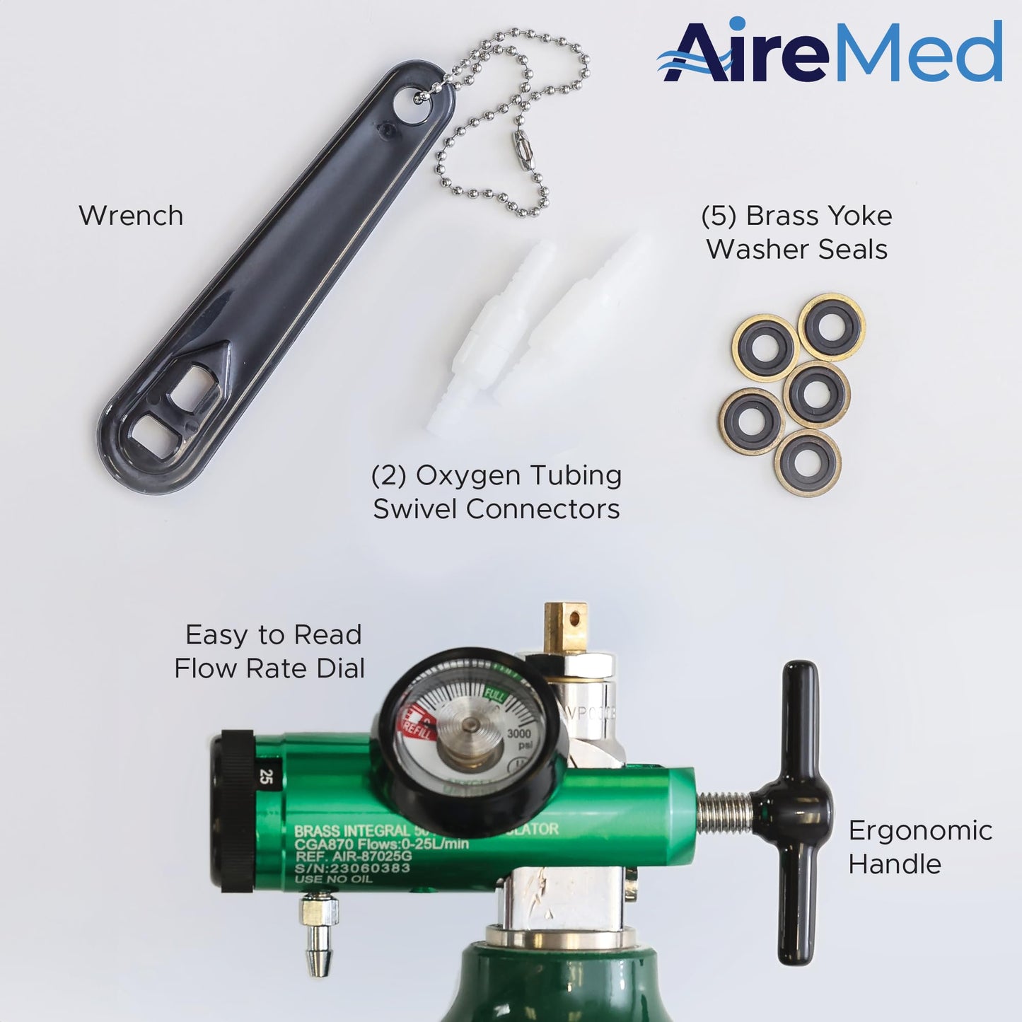 AireMed Oxygen Regulator 0-25LPM, CGA-870 Gauge Flow Rate – Includes Wrench Key, 5 Brass Yoke Washer Seals, and 2 Oxygen Tubing Swivel Connectors - Ergonomic Handle Design - Green