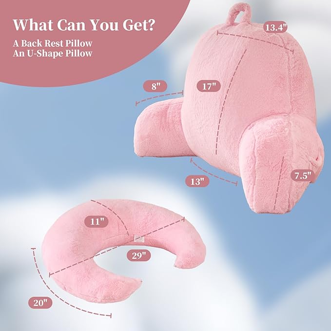 PAJEO Reading Pillow for Bed,U Shaped & Back Support Pillow for Bed,17" Backrest with Lumbar & Arm Support,Luxurious Faux Rabbit Fur,Gaming PillowFor Crochet/Reading/Watching TV,Pink