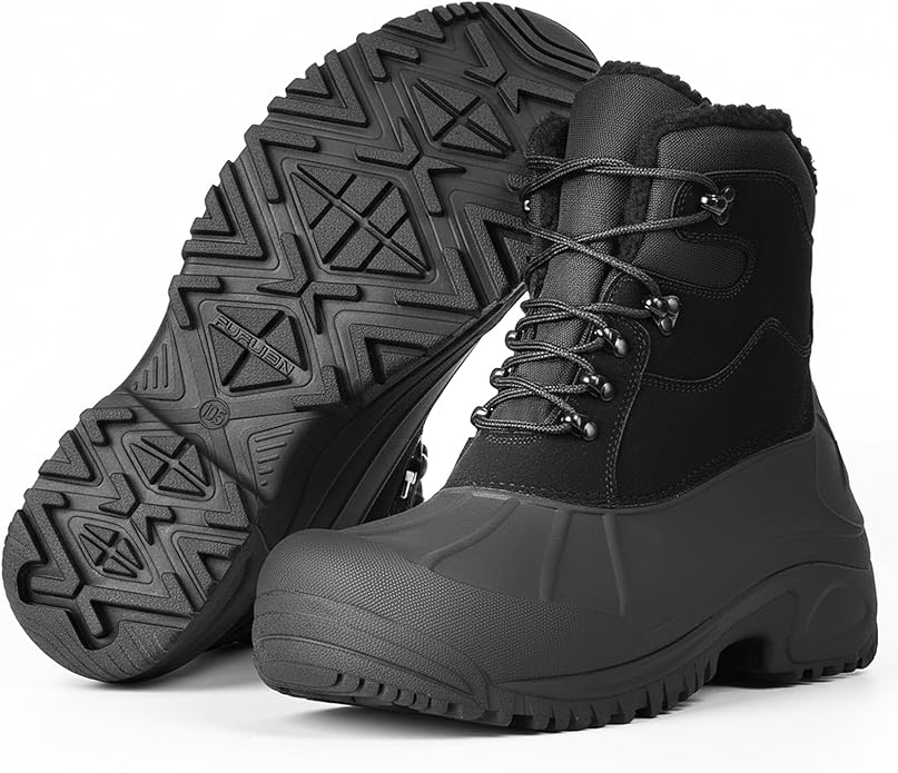 Furuian Winter Boots for Men Waterproof Insulated Snow Boots for Men Non Slip Hiking Duck Boot Mens Fur-Lined Winter Shoes