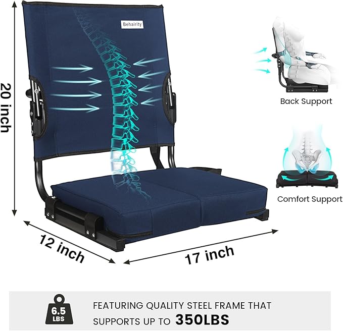 behairity Portable Stadium Seat for Bleachers with Back Support, Wide Padded Bleacher Chair with High Back and Thick Cushion for Adults, Folding Stadium Chair for Football Sports Events (Navy Blue)