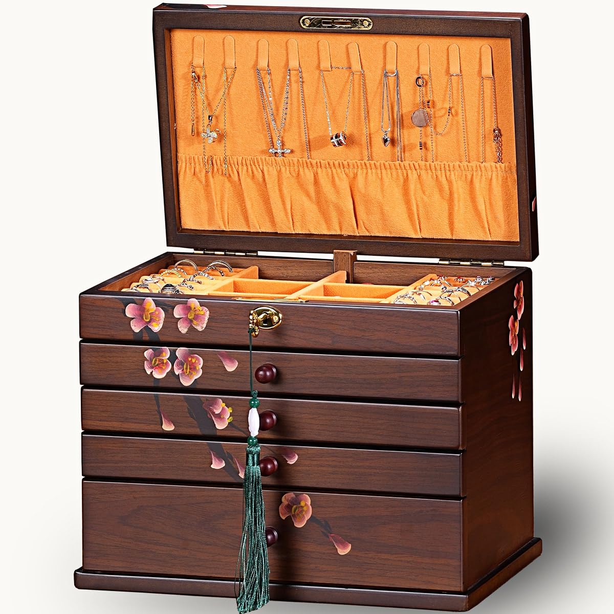 Xloverise Vintage Wooden Jewelry Boxes with Lock & Key - Hand-Painted Large Jewelry Organizer, 6-Layer jewelry organizers and st