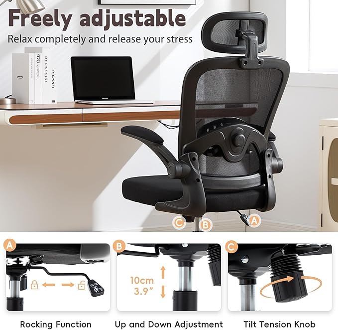 Rishtivin Ergonomic Office Chair with 3D Adjustable Lumbar Support, Mesh High Back, 75° Rotating Headrest, Rocking Function, 300lbs Capacity, Black/White (Black)