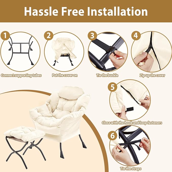 Youtanic Lazy Chair with Folding Ottoman, Accent Chair Velvet Upholstered with Metal Structure and Non-Slip Pads, Sofa Armchair with Footrest and Side Storage Bag for Dorm, Room, Office, Beige