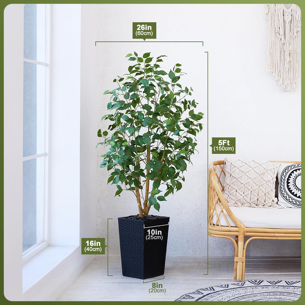 VeriNatural 5ft Artificial Ficus Tree,Tall Faux Tree with Silk Leaves & Real Wood Trunk,UV Resistant Potted Fake Plant with Pebbles & Planter-Indoor Outdoor Floor Plant for Home,Living Room,VN129