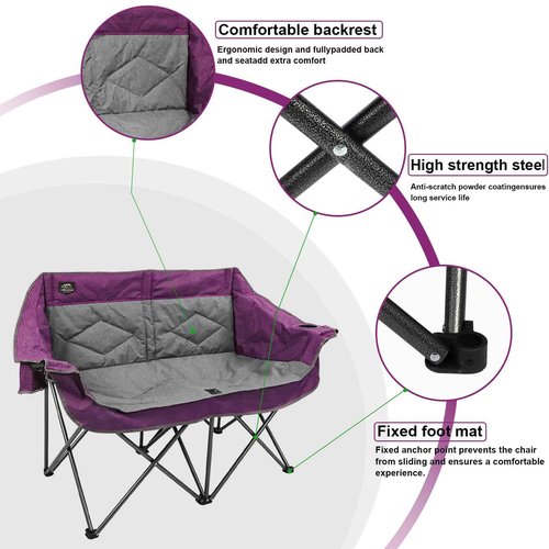 LANMOUNTAIN Folding Loveseat Camping Chair,Portable Double Chair w/Cup Holder,Wine Glass Holder,Carry Bag Heavy Duty Lawn Chair for 2 Adults,Perfect for Camp,Hiking,Picnics and Beach Trips,Purple