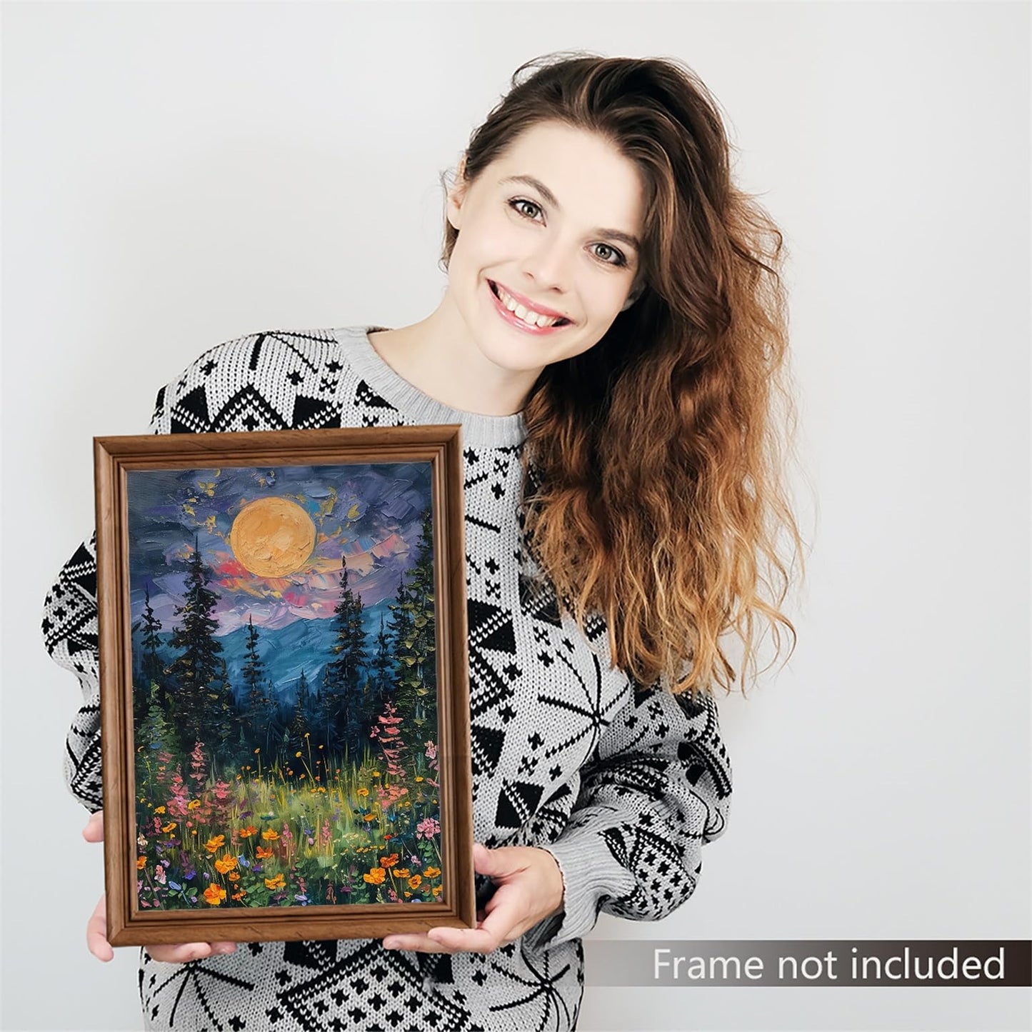 Yuaruo Vintage Full Moon Above The Wildflowers Nature Posters, Mystical Midnight Woodland Canvas Wall Art Print, Retro Flowers and Trees Oil Painting, Dark Forest Landscape 12x16in Unframed