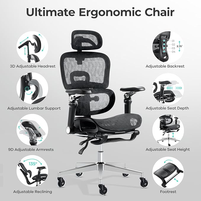 Morkprism Ergonomic Office Chair with 9D Arms,Adjustable Seat Depth,3D Lumbar Support,135° Recline,3D Headrest & Footrest,Mesh Computer Desk Chair - Ultimate Comfort for Home & Executive Office Black
