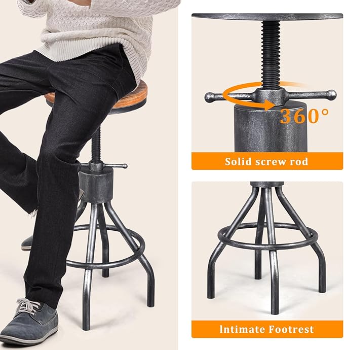 BOKKOLIK Set of 2 Industrial Bar Stool-Vintage Counter Dining Chair-Swivel Stools-Tall Height Adjustable 22-33"
