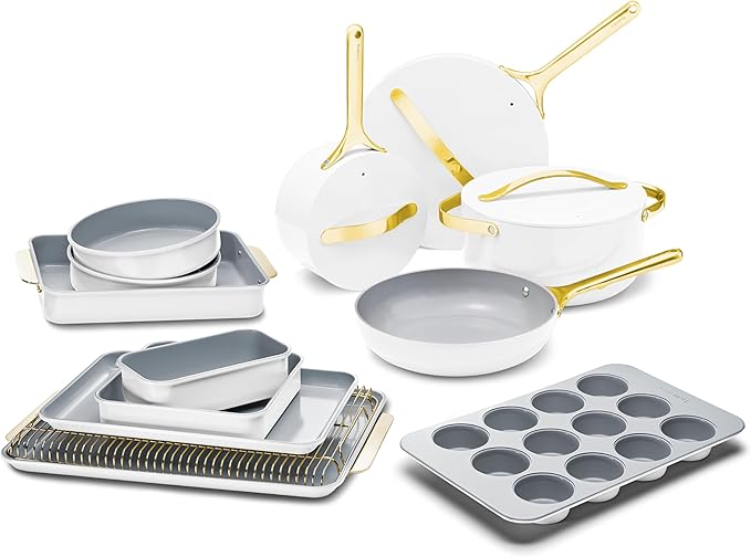 Caraway 23-Piece Nonstick Ceramic Cookware & Bakeware Set – Pots, Frying Pans, Lids, Baking Sheets, Pans, Cooling Rack & Storage – Oven Safe, Non-Toxic – Compatible with All Stovetops - White