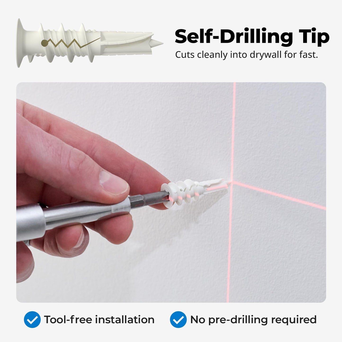 #8 Self Drilling Drywall Plastic Anchors with Screws - No Pre Drill Hole Preparation Required - 75 Lbs (25 Pack)