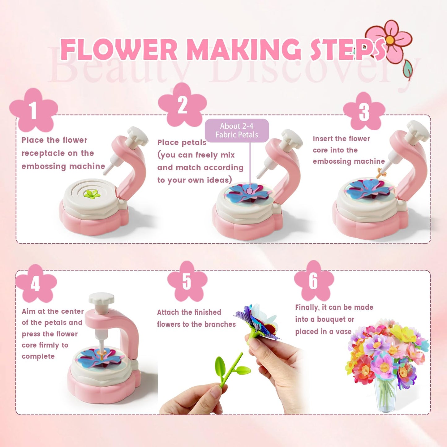 Airyard DIY Craft Kits Toys for Kids Ages 8-12 - Fabric Flower Bouquets Girls Toys Age 6-8, Arts & Crafts for 4 5 6 7 8 Year Old Toddler Girl, Educational Activity Preschool Birthday Gifts