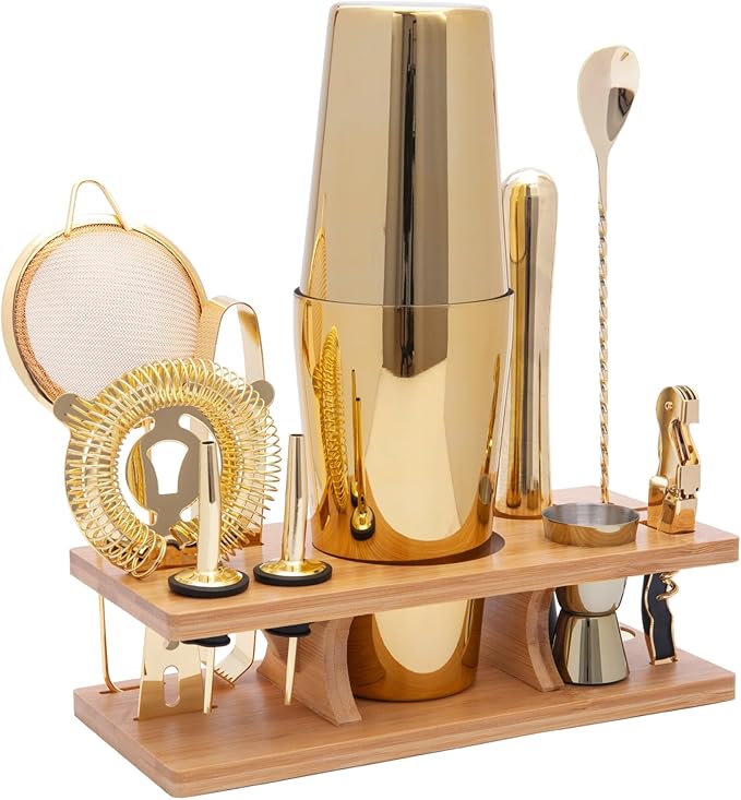 AUOXIOUYM 11-Pcs Cocktail Shaker Set Gold,Bartending Kit Stainless Steel Shakers 25oz Bar Kits for Bartender Mixing Set Ba...