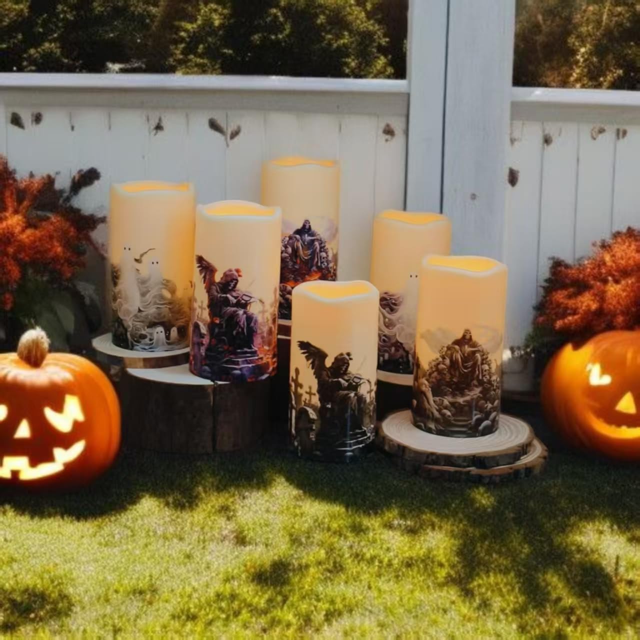 Gothic Style Weatherproof Fall Halloween Decorations LED Flameless Candles with Remote Control Timer Function 2AA Battery Operated, 3" Diameter5.7 Height, Outdoor/Indoor Use, Set of 6