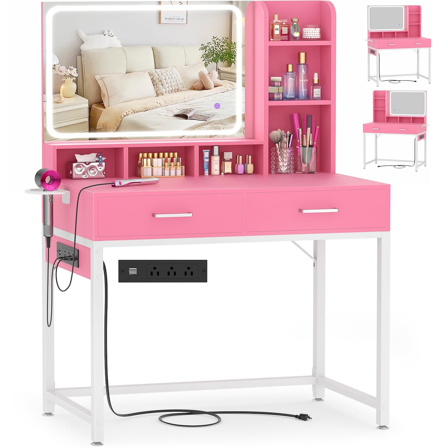 Small Vanity Desk, Vanity Desk with Mirror and Lights, Makeup Vanity Desks with Power Strip, Vanity Table with Drawers and Shelves, Adjustable Lighting, Dressing Table for Bedroom Dressing Room, Pink
