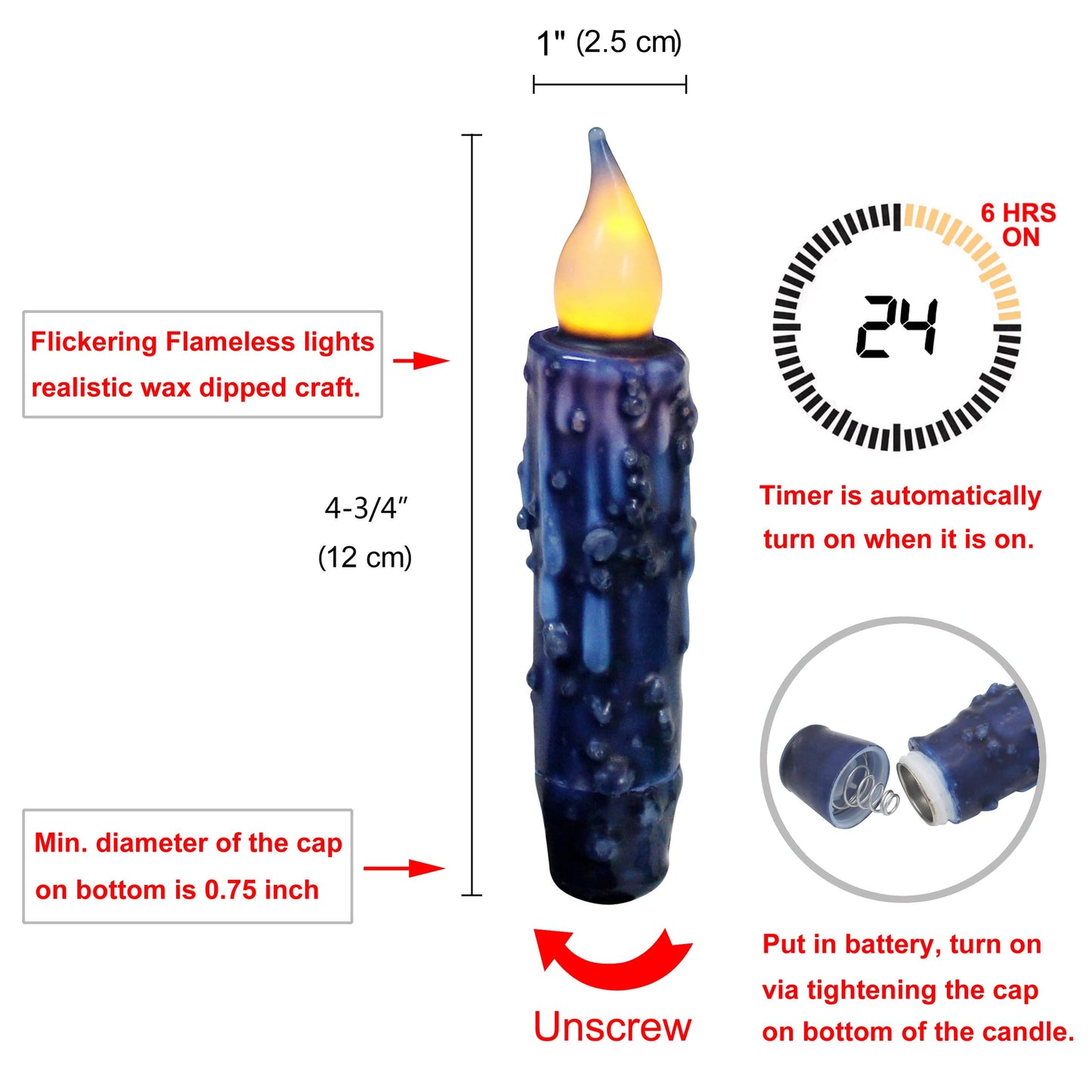 CVHOMEDECO. Real Wax Hand Dipped Battery Operated LED Timer Taper Candles Rustic Primitive Flameless Lights Decor, 4-3/4 Inch, Navy Blue, 6 PCS in a Package