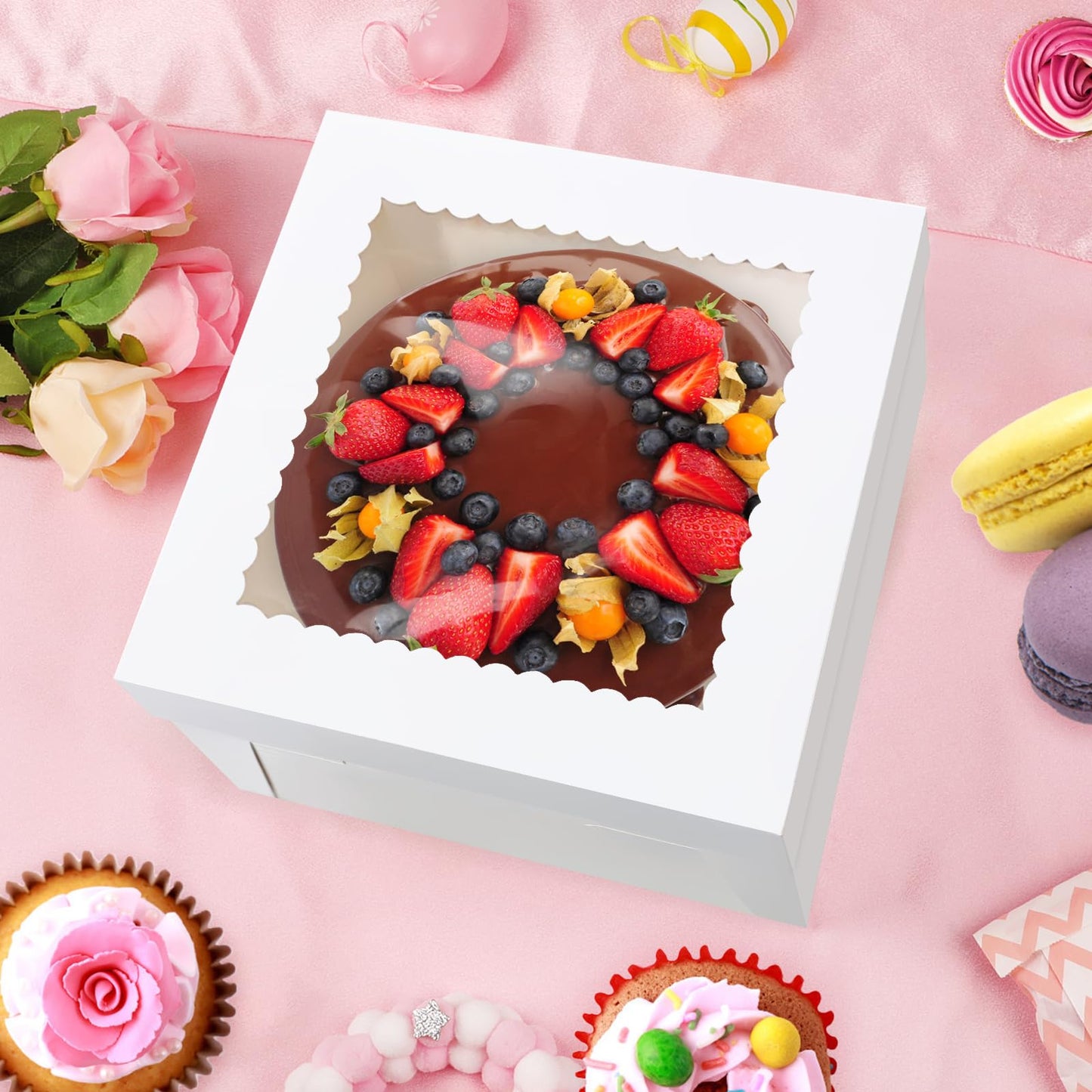 WINKIO 4 Pack Cake Boxes 8 Inch, Disposable Cake Transport Container, White Bakery Boxes with Large Window, for Cookies Pies Cupcakes Pastry (8×8×8 Inches)