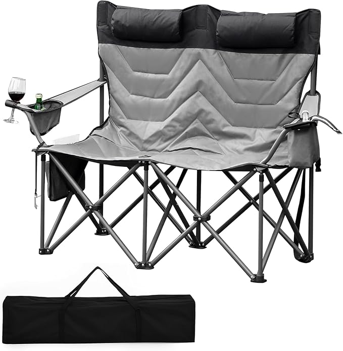 Oversized Double Camping Chairs, Heavy Duty Padded Loveseat Chair - 900 LBS Support for Adult - Comfortable Camping Chair with High Back & Pillow
