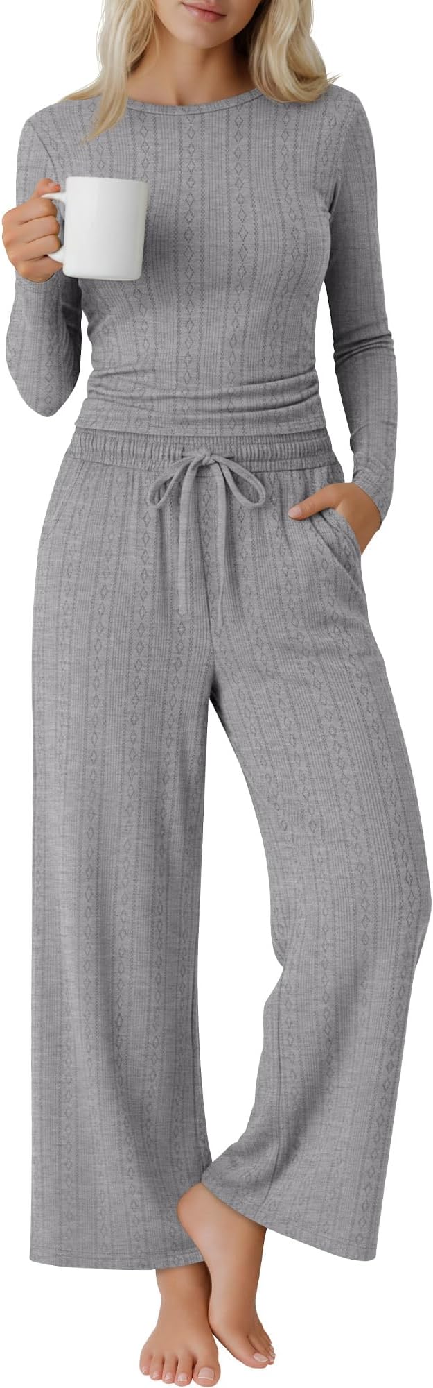 Evervibe Women's 2 Piece Lounge Set Long Sleeve Crew Neck Top Drawstring Wide Leg Pants Casual Tracksuit Matching Set