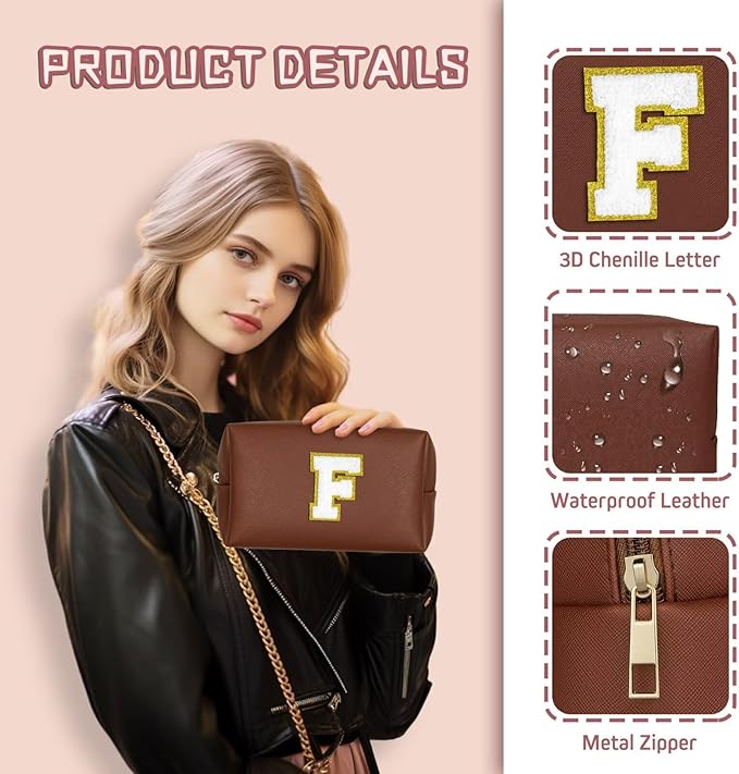 TOPEAST Initial Makeup Bags for Women, Cute Makeup Pouch, Waterproof Travel Toiletry Bag, Personalized Gifts for Girlfriend Wife on Valentine's Day Anniversary, Preppy Stuff Gift for Girl (Brown W)