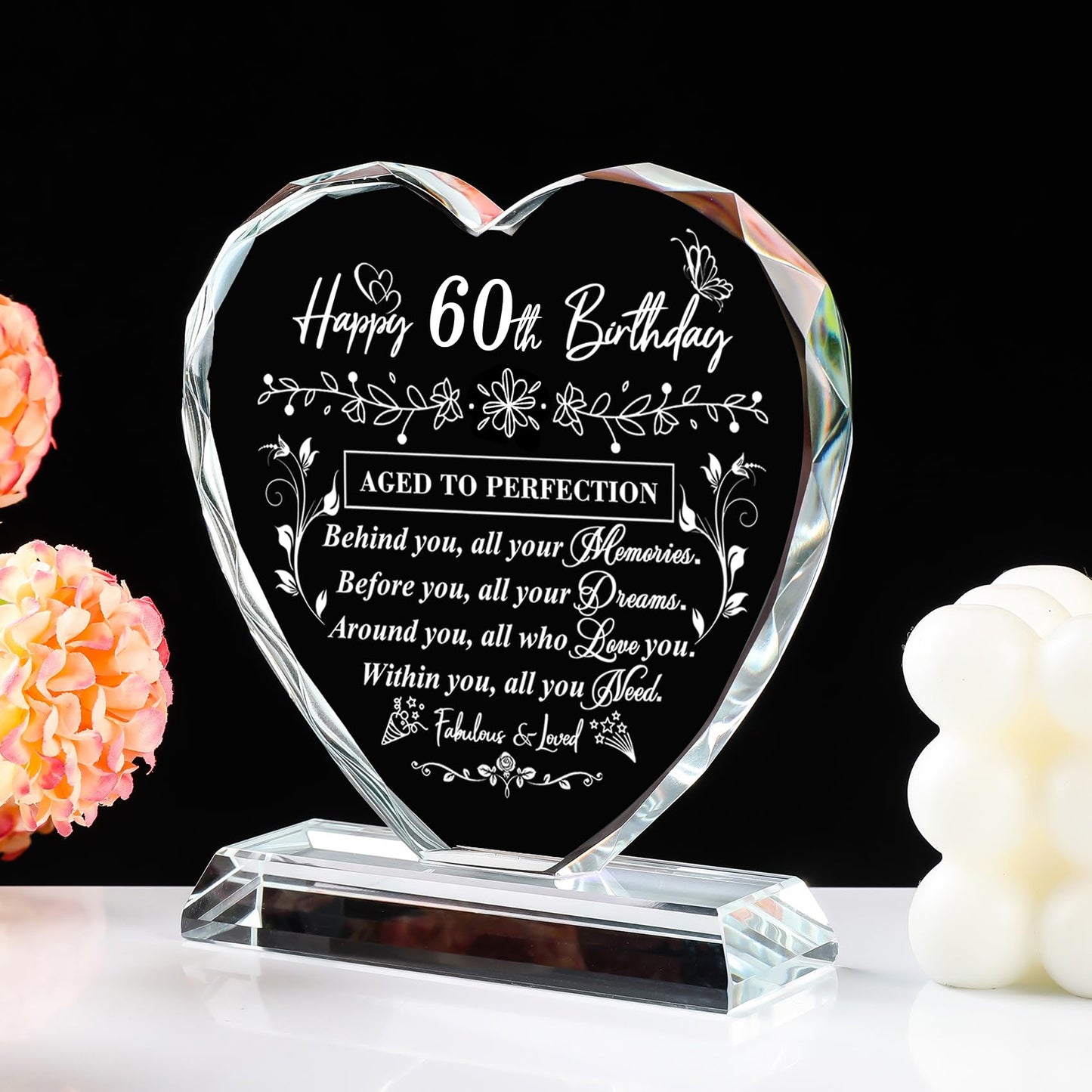QIANRUNA 60th Birthday Gifts for Women Men, Laser Crystal Heart 60th Birthday Decorations Ideas, Happy Birthday Gifts for 60 Year Old Men Women Husband Wife Mom Dad Friend
