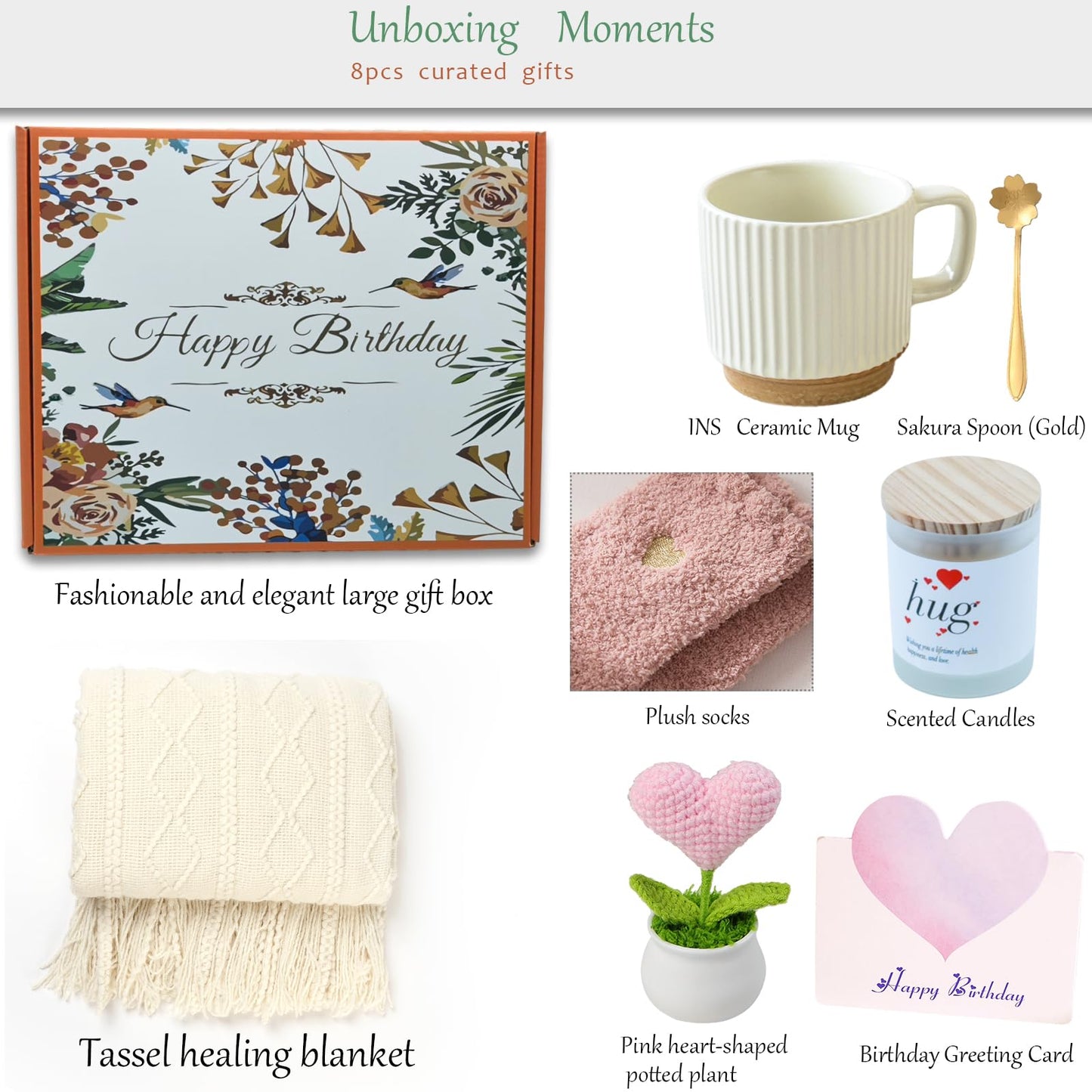 wangpengkai Birthday Gift Box for Women, 8 Pcs Get Well Soon Gifts Basket After Surgery, Sympathy Self Mother's Day Care Package, Cozy Off White Hug Blankets Gift for Sick Friends-Pink