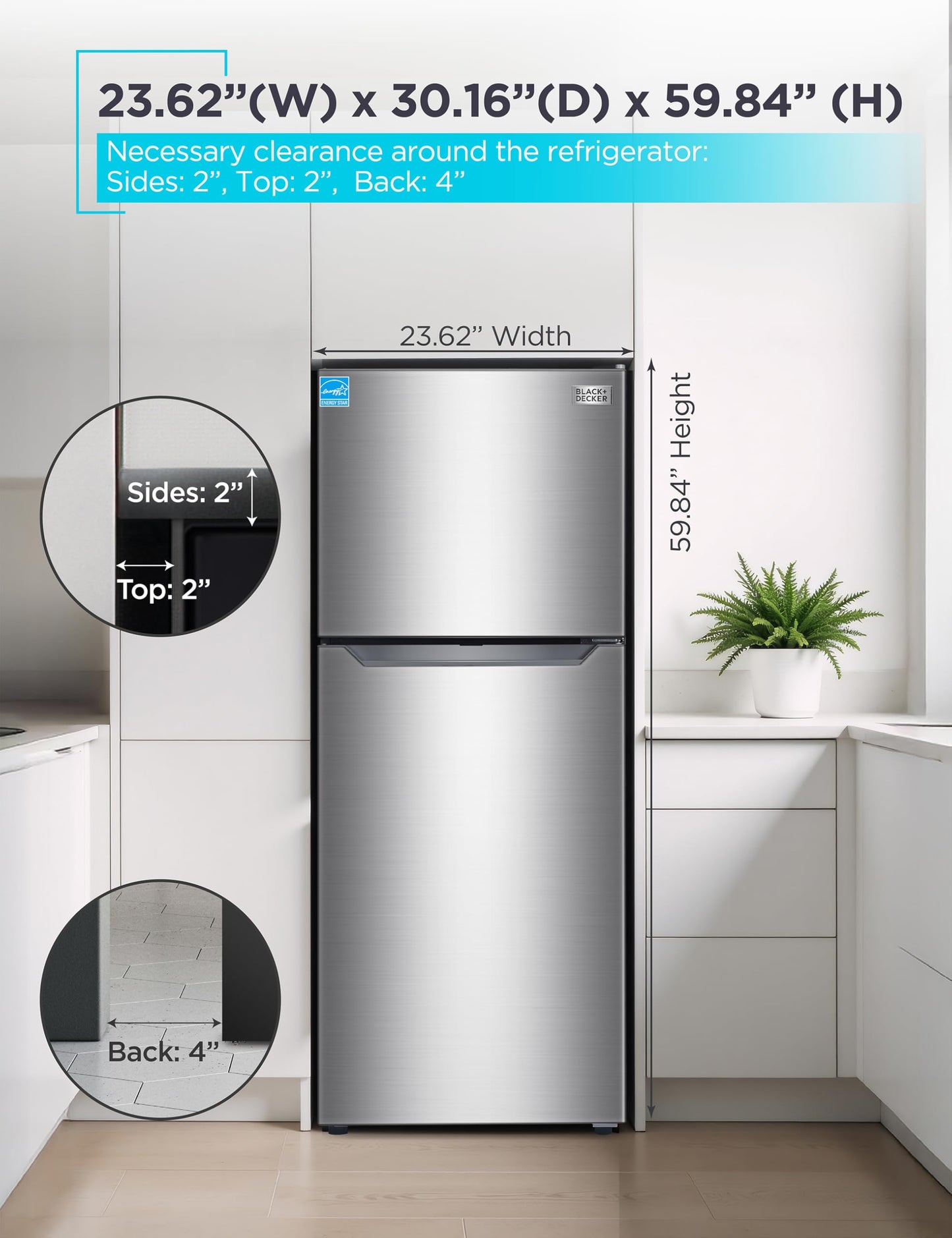 BLACK+DECKER 12.1 Cu. Ft. Top Mount Refrigerator with Freezer, 2 Door Refrigerator with Top Freezer and Adjustable Temperature Control, ENERGY STAR, BR1210HS, Stainless Steel Look