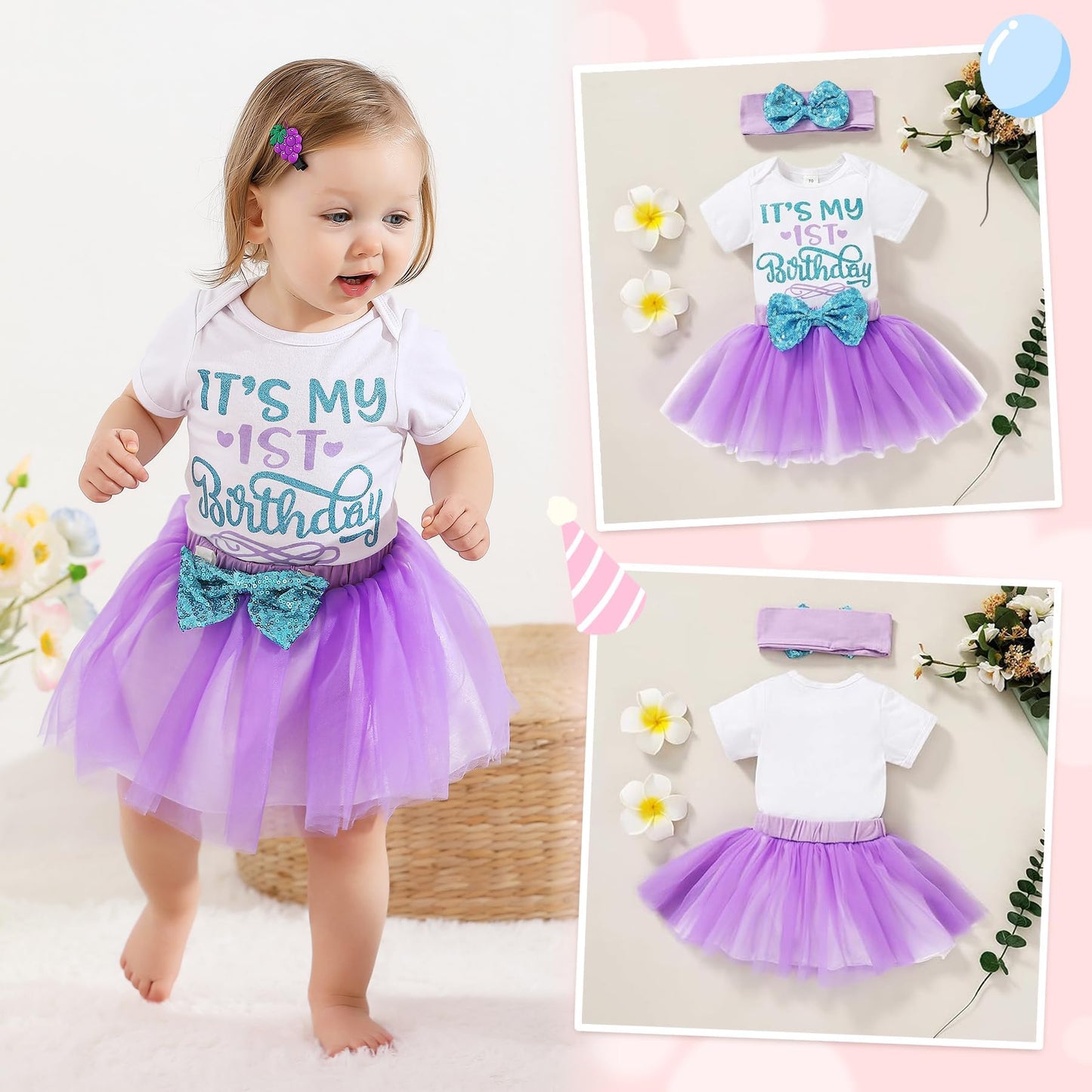 YOUNGER TREE Newborn Baby Girls My 1st Birthday Dress Infant Shiny Printed Sequin Bowknot Tutu Princess Dress (White, 12-18 Months)