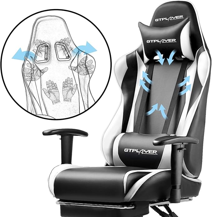 GTPLAYER Gaming Chair with Footrest, Ergonomic Computer Game Desk Chair, Reclining Game Chair Seat Height Adjustment, Swivel Rocker with Headrest and Lumbar (White)