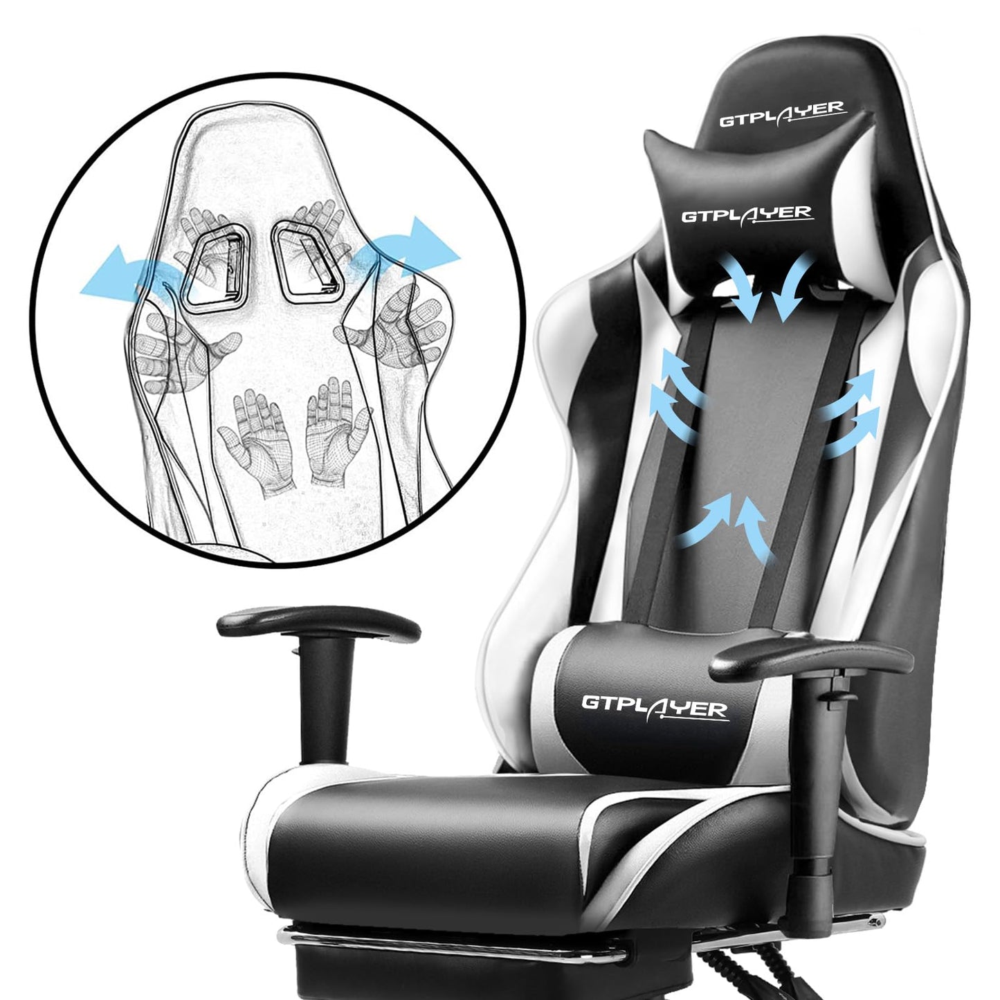 GTPLAYER Gaming Chair with Footrest, Ergonomic Computer Game Desk Chair, Reclining Game Chair Seat Height Adjustment, Swivel Rocker with Headrest and Lumbar (White)