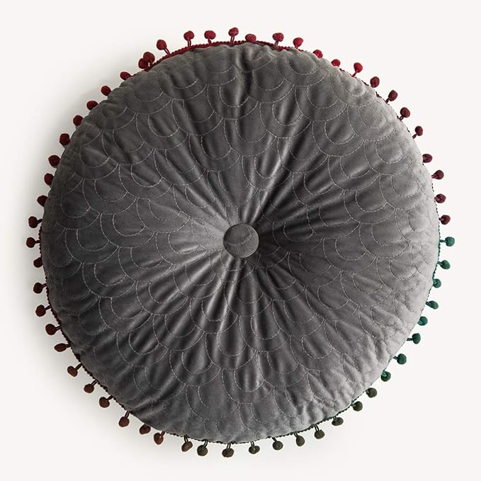 vctops Velvet Soft Round Chair Pads Cute Gradient Pom Pom Indoor Dining Chairs Cushion (Grey, Diameter 16")