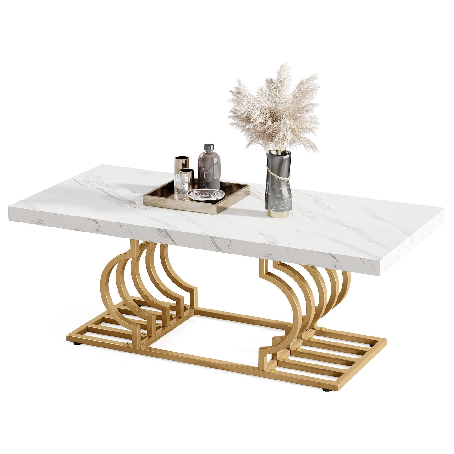 LITTLE TREE 47 Inch Modern Coffee Table, Faux Marble Cocktail Table Center Table Tea Table Accent Furniture for Living Room, White/Gold