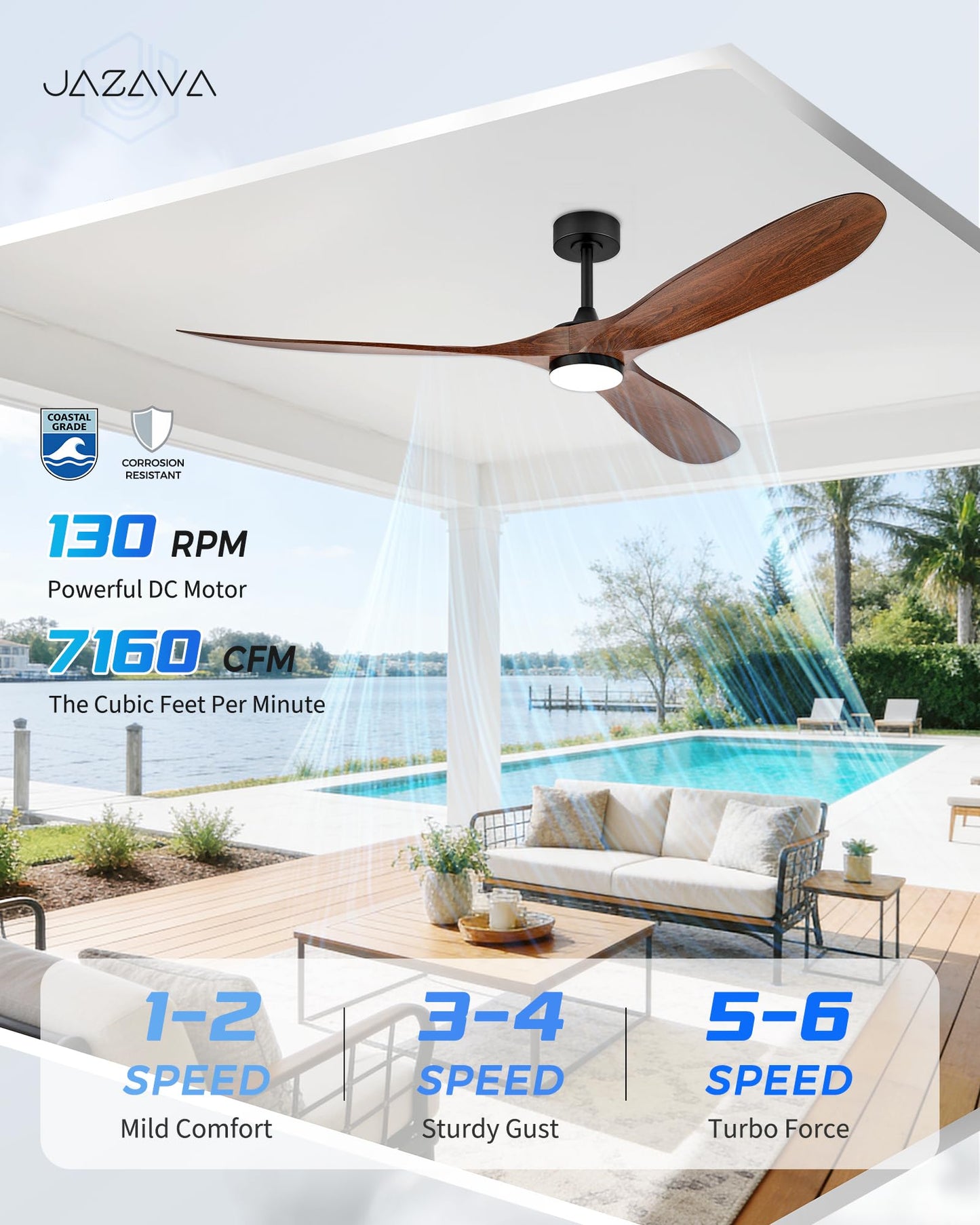 JAZAVA 70 Inch Modern ABS Ceiling Fan with Lights and Remote, DC Motor Large Ceiling Fan, 3CCT Dimmable LED Indoor Outdoor Ceiling Fan for Living Room, Patio & Covered Porch, ZCCF08WD-70