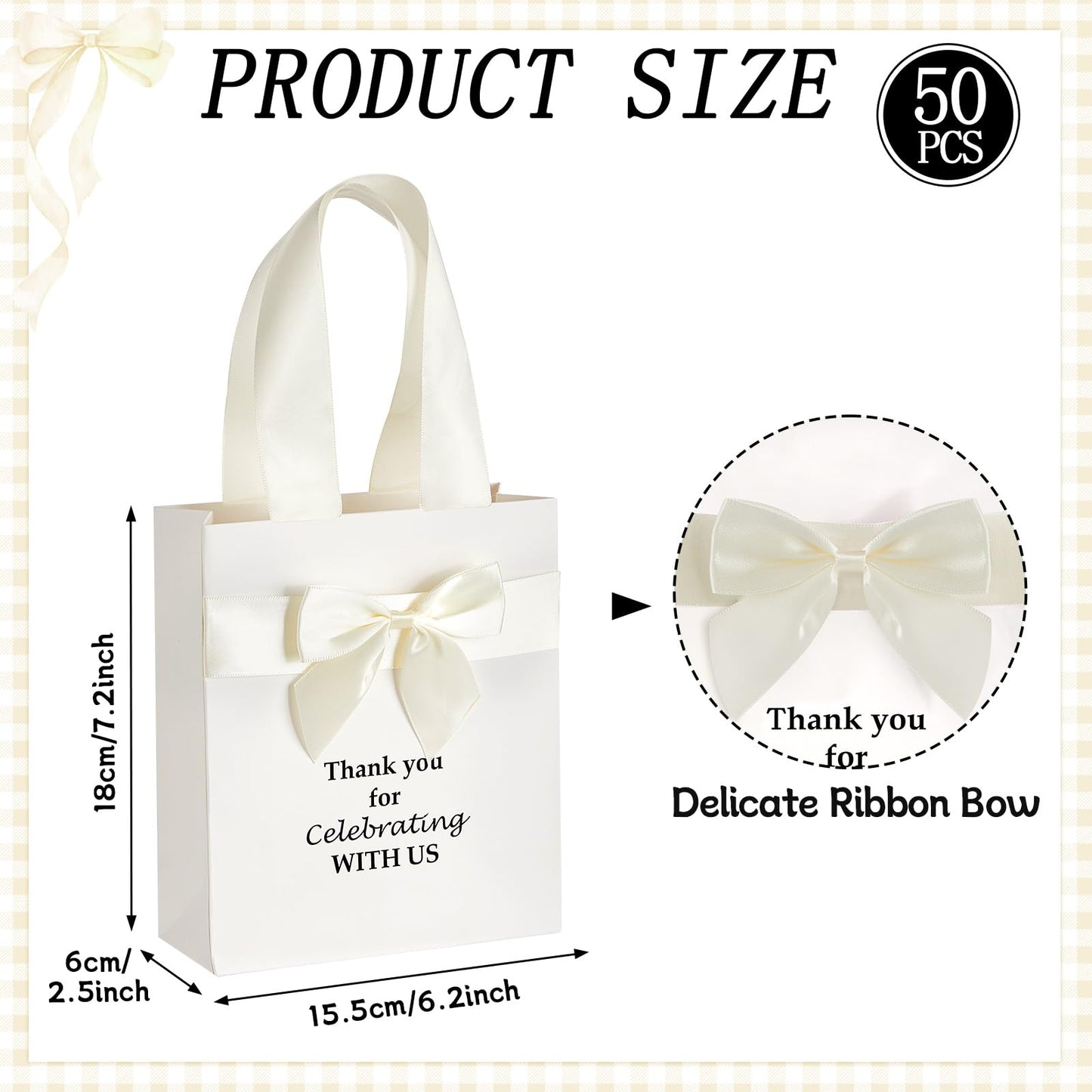50 Pcs Wedding Gift Bags Bulk with Bow Ribbon Handles 6.2x7.2x2.5 Inch Wedding Favor Bag Thank You Gift Bags for Party Favor Bridesmaid Bags Bridal Shower Baby Shower Birthday Supplies(Beige)