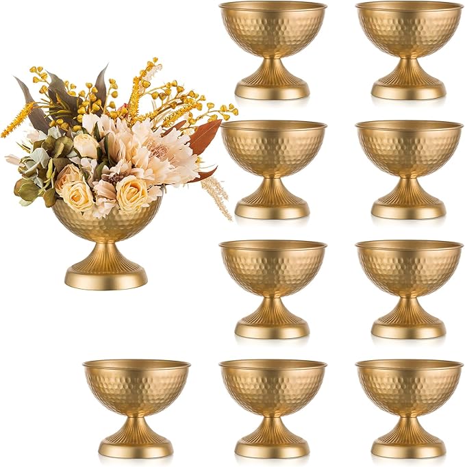 Sziqiqi Urn Vases for Wedding Centrepiece - 6in High Gold Metal Vase Set of 10 Small Vintage Flower Arrangement Pots for T...