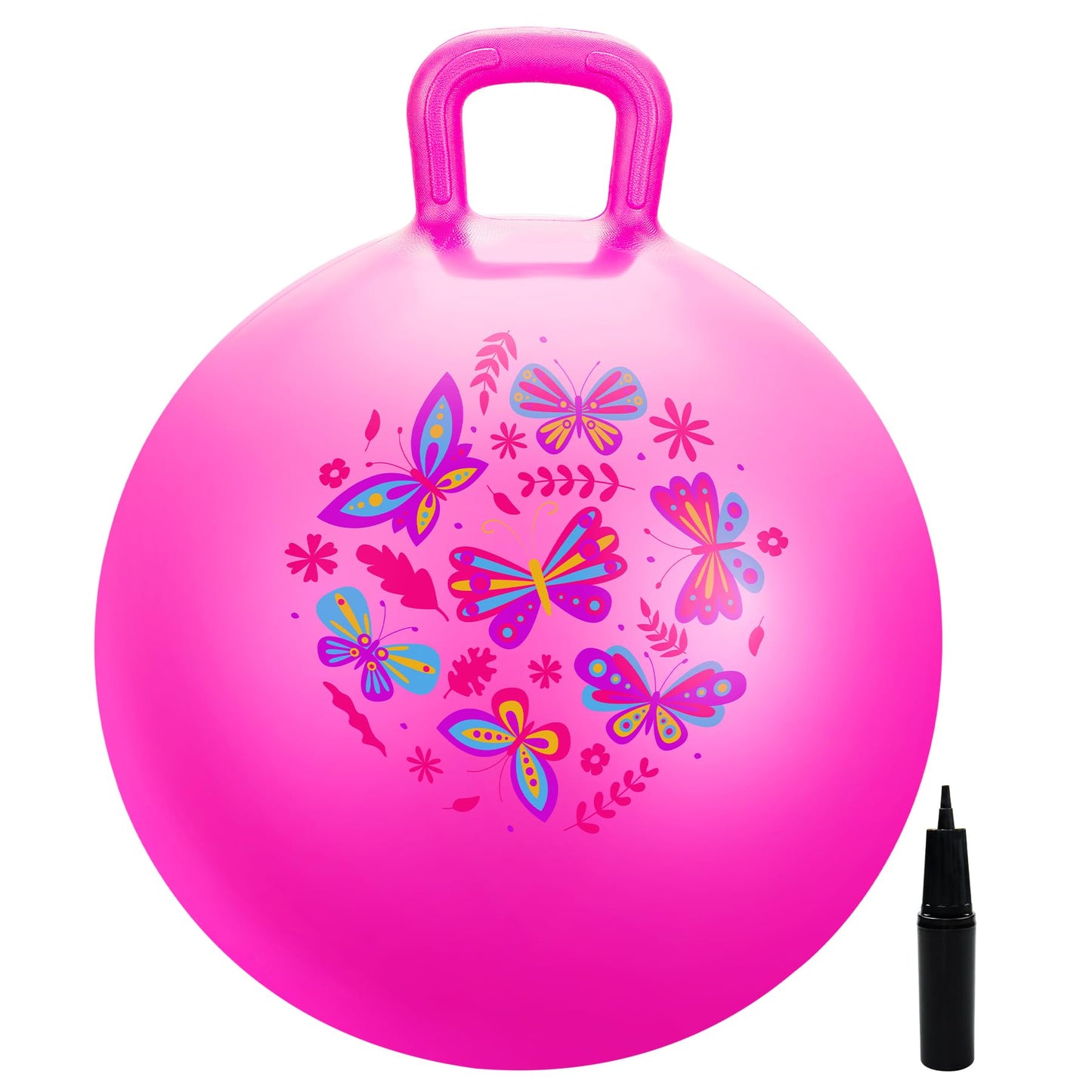 EVERICH TOY Hopper Ball, Pink Butterfly Hopping Toys for Kids, 18 Inch Bouncy Ball with Handle, Indoor Outdoor Inflatable Hoppity Hop Toy for Girls Boys Gift with Pump