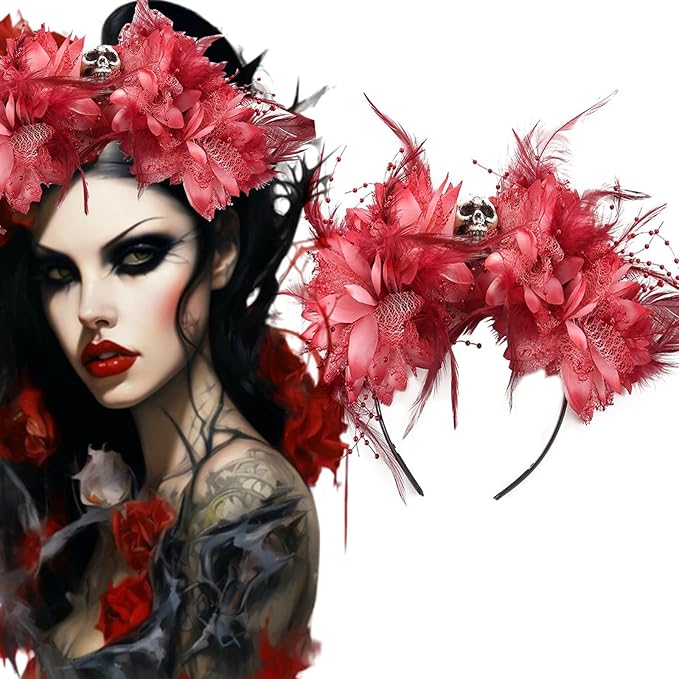 RUSTAMM Halloween Skull Flower Headband Red Flower Crown Gothic Horror Headwear for Party Costume Cosplay Headwear Day of ...