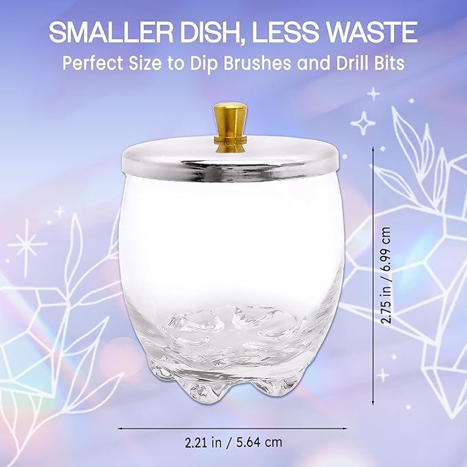Beauticom Crystal Glass Dappen Dish for Acrylic Nail Dip Powder, Monomer, and Nail Polish Remover (Round Shape w/Stainless Steel Lid, 1 Piece)
