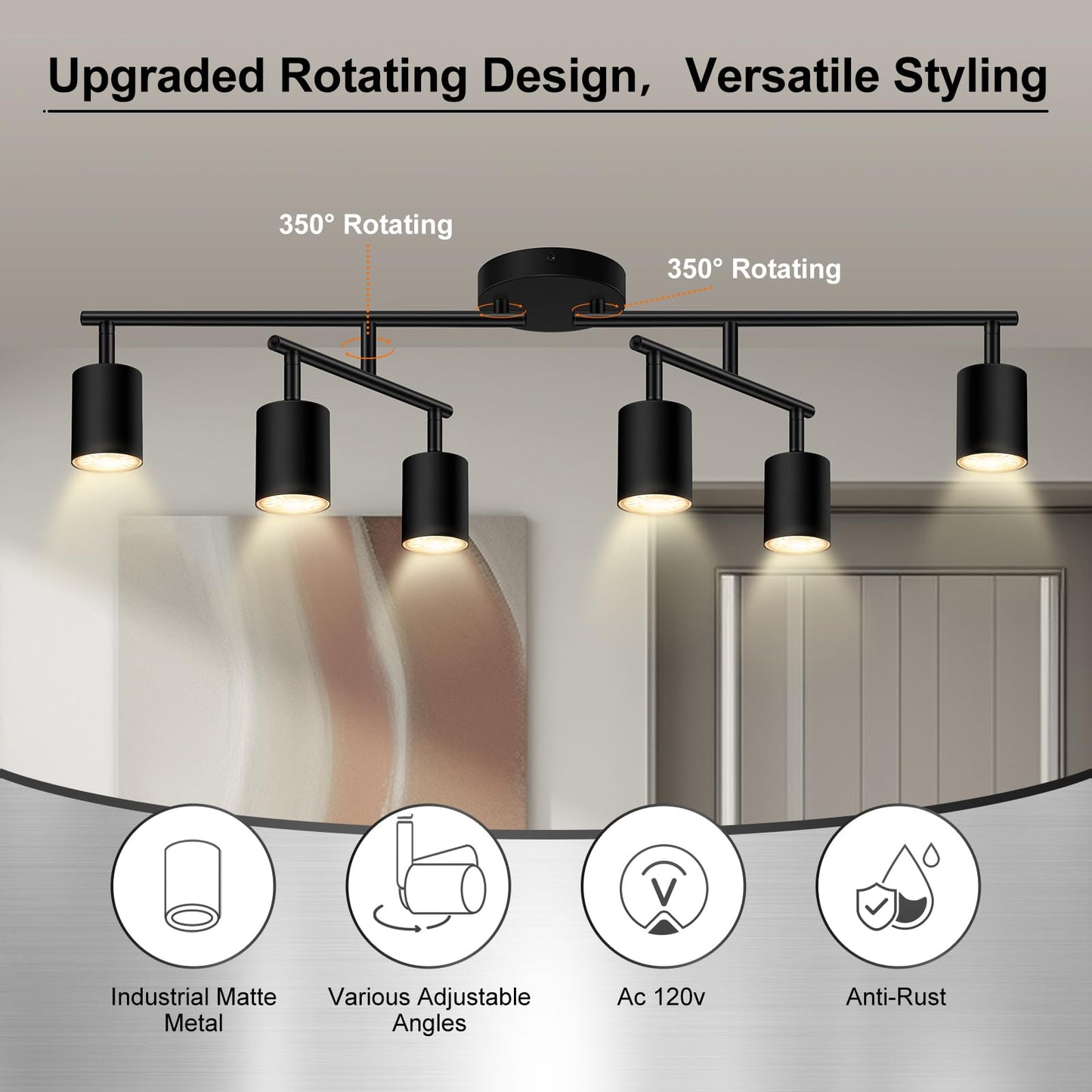 AUQUEE 6 Light Track Lighting Fixtures Ceiling, Matte Black Kichen Track Lighting Fixtures with Rotatable Light Heads, Upgrade Light Poles, Modern LED Sopt Lights for Kitchen/Hallway, No GU10 Bulb
