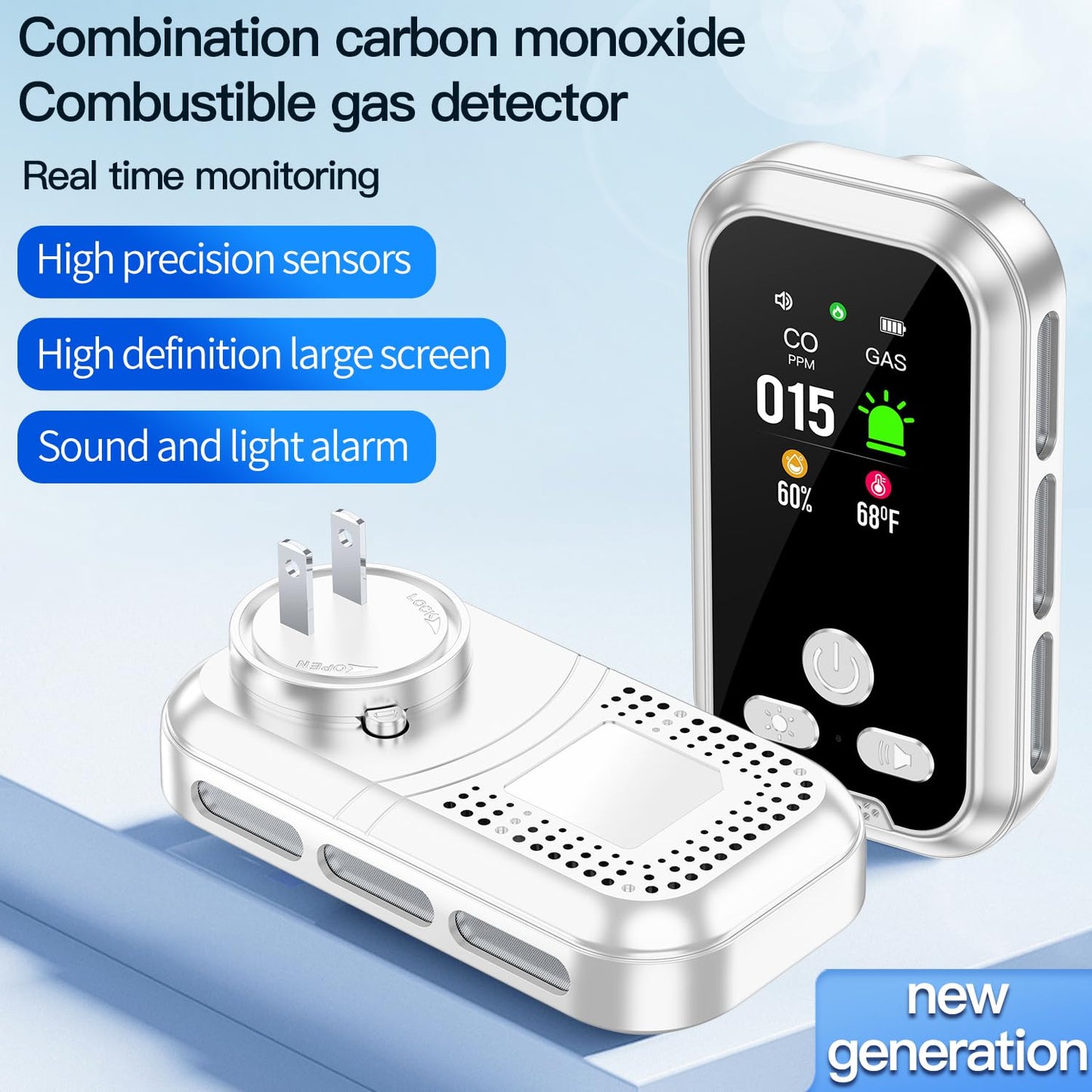 HAKINAKU 4IN1 Plug in Natural Gas & Carbon Monoxide Detectors Combination Builti-in 2000 mAh Backup Battery HD Screen [Propane Methane Gas CO Temp Humidity Sensor] Alarm for Home Hotel RV (White)