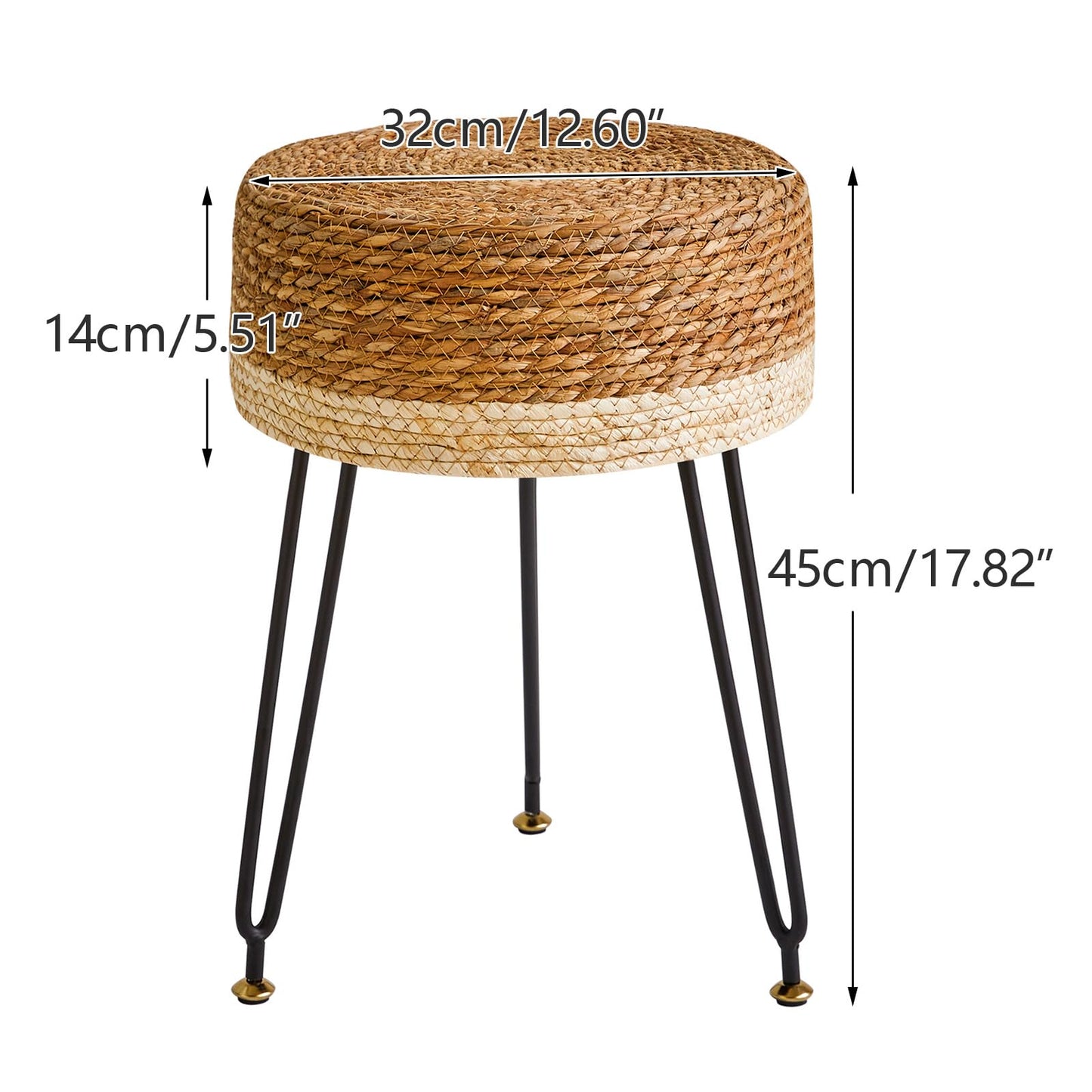 YMYNY Pouf Ottoman, Handmade Natural Water Hyacinth, Pastoral Style Footrest, Footstool with 4 Metal Legs Round Vanity Stool for Bedroom, Hallway, Living Room 12.59"L×12.59"W×17.71"H White UHBD029W