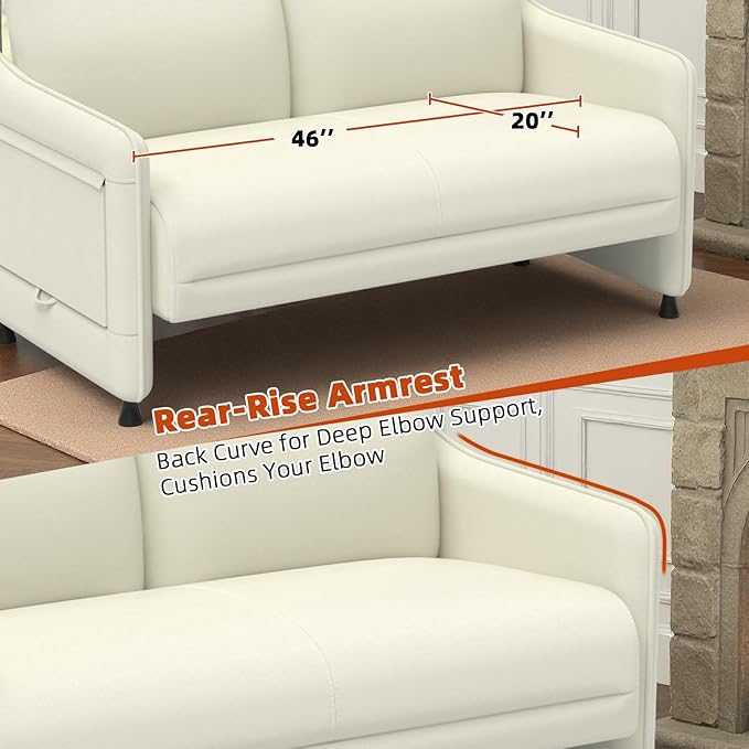 Tbillionnext Faux Leather Loveseat, Upholstered Loveseat with Hidden Foldable Tray & Side Pocket, Rear Contour Arm Design, Modern 2-Seater Sofa Couch for Small Spaces, Bedroom, Beige