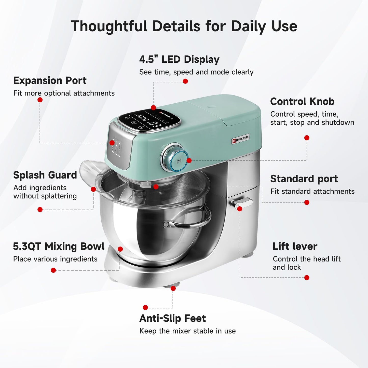 Hauswirt Stand Mixer 5.3QT XL Large, 4.5" LED Touch Screen Electric Household Stand Up Mixer, Standing Mixer 11-Speed, Dough Cake Bread Mixer – Lake Green