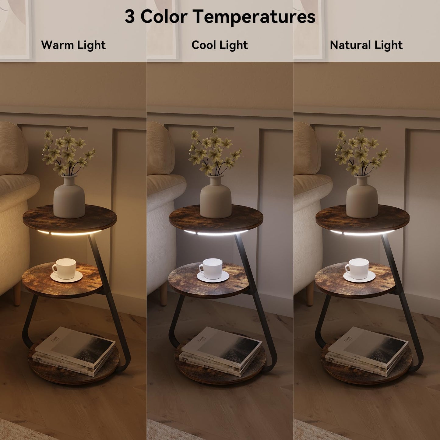 ARTETHYS Side Table Set of 2, Bedside Small Coffee Table with 3 Color LED Lights, End Table with 3 Tier Storage Shelves for Living Room Bedroom, Rustic Brown