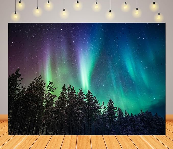BELECO 8x6ft Fabric Night Forest Northern Lights Backdrop Pine Trees Forest Aurora Borealis Starry Sky Stars Background Po...