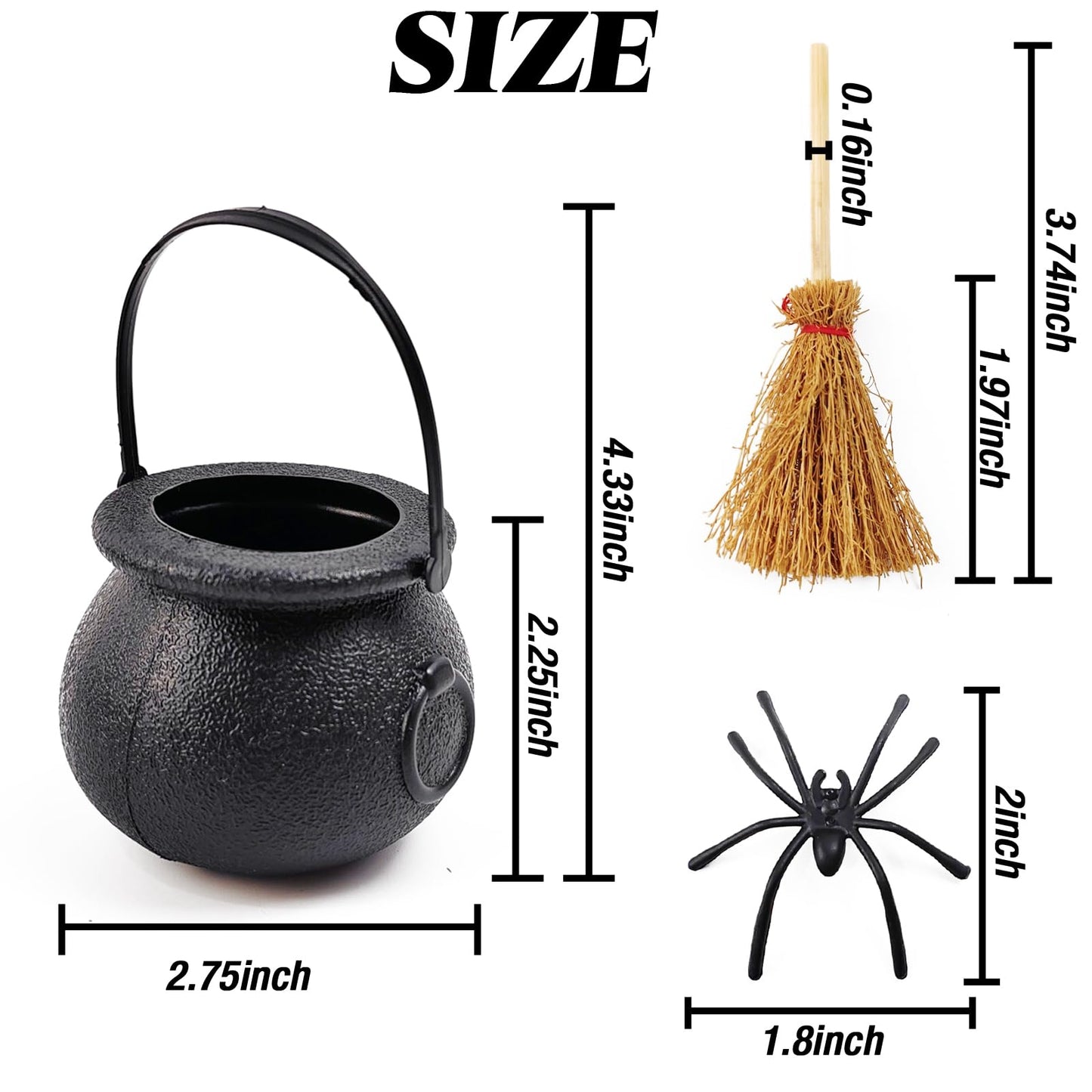 ROYHOO 48PCS Halloween Mini Witch Cauldron Set- 12 Pack Small Plastic Black Candy Cauldron with Spider, Broom, Witch Hat for Halloween Dollhouse Craft Accessories Table Decoration Supply